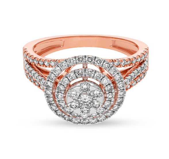 Dual Circle Shape Round Natural Diamond With Prong and Center Pressure Set Rose Gold Engagement Ring