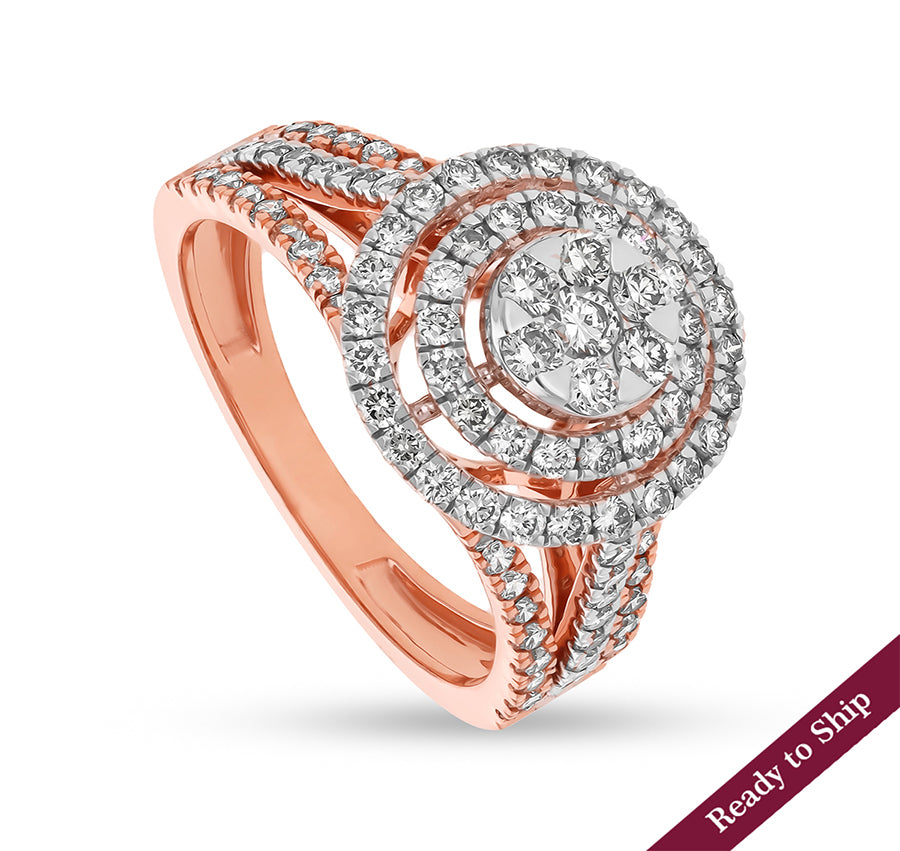 Dual Circle Shape Round Natural Diamond With Prong and Center Pressure Set Rose Gold Engagement Ring