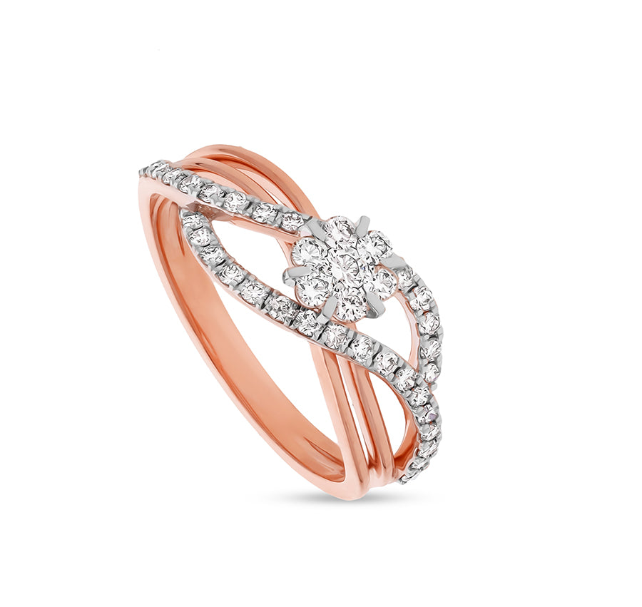 Wave Shape Round Cut Diamond With Cluster Set Rose Gold Casual Ring