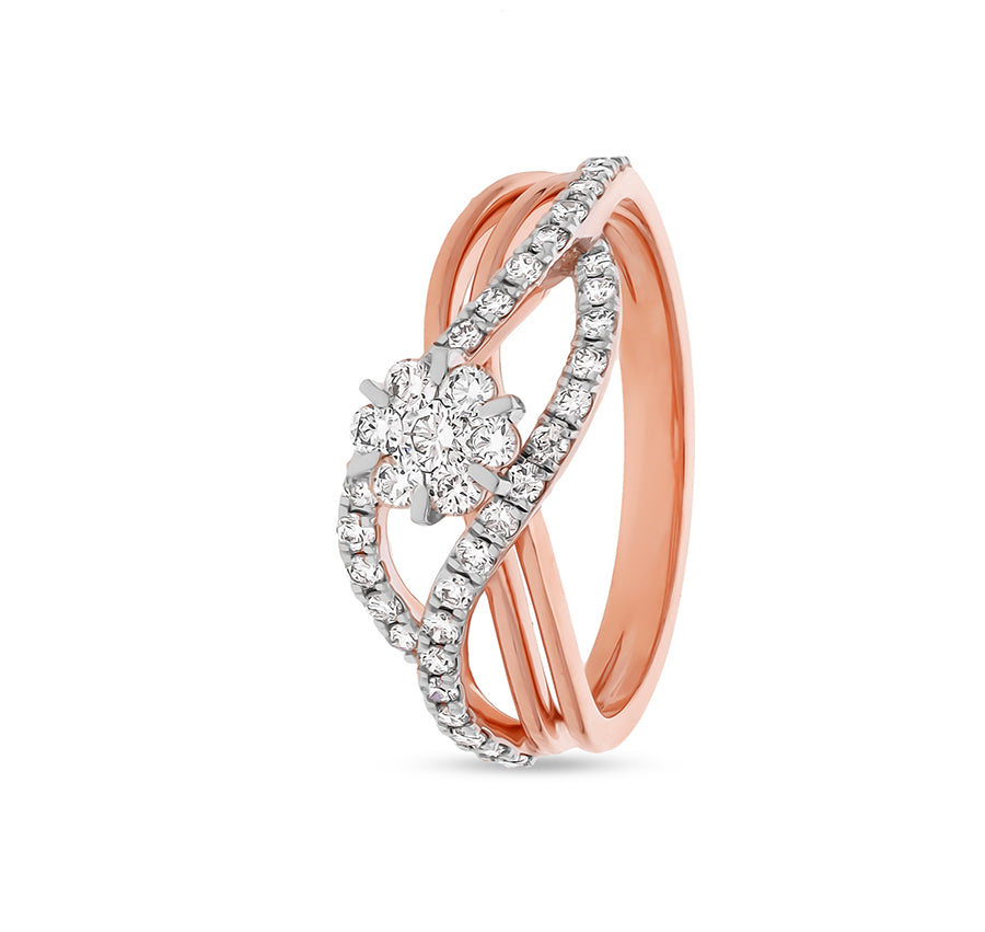 Wave Shape Round Cut Diamond With Cluster Set Rose Gold Casual Ring