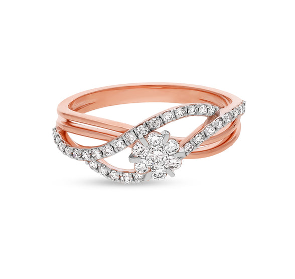 Wave Shape Round Cut Diamond With Cluster Set Rose Gold Casual Ring