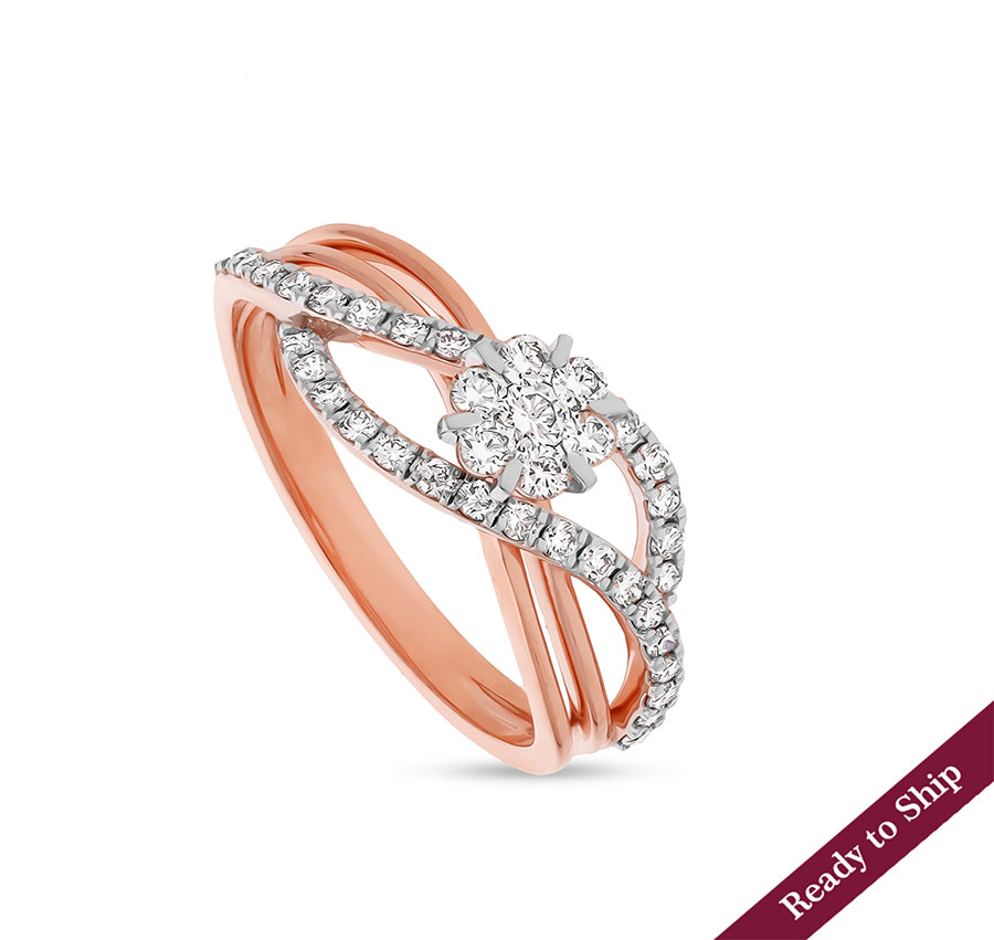 Wave Shape Round Cut Diamond With Cluster Set Rose Gold Casual Ring