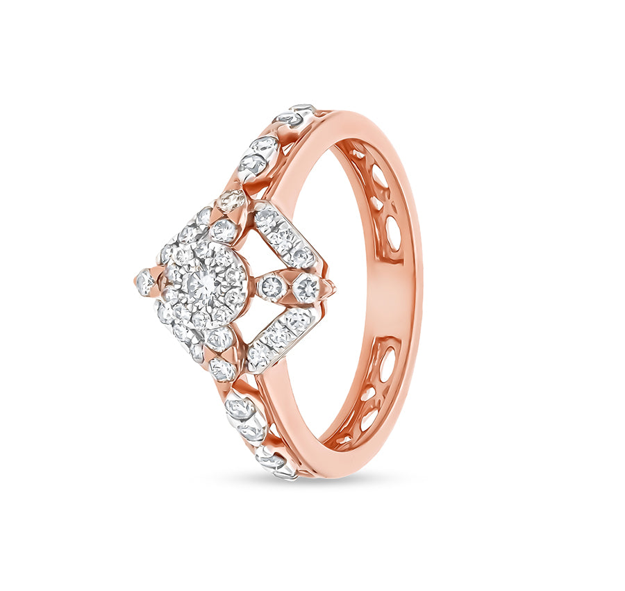 Rhombus Shape Round Natural Diamond With Prong Set Rose Gold Casual Ring