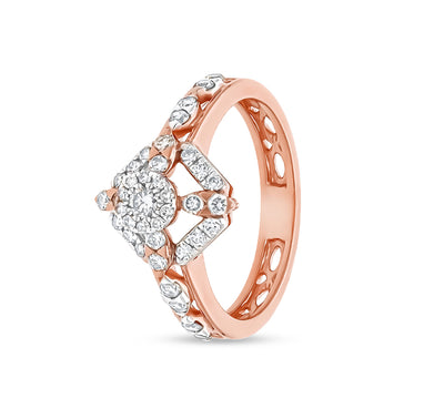 Rhombus Shape Round Natural Diamond With Prong Set Rose Gold Casual Ring