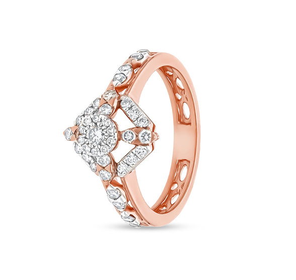 Rhombus Shape Round Natural Diamond With Prong Set Rose Gold Casual Ring