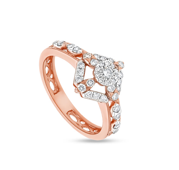 Rhombus Shape Round Natural Diamond With Prong Set Rose Gold Casual Ring