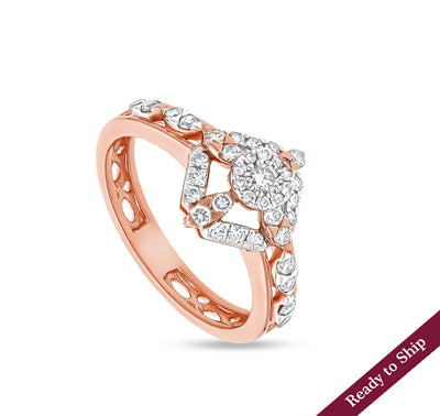 Rhombus Shape Round Natural Diamond With Prong Set Rose Gold Casual Ring