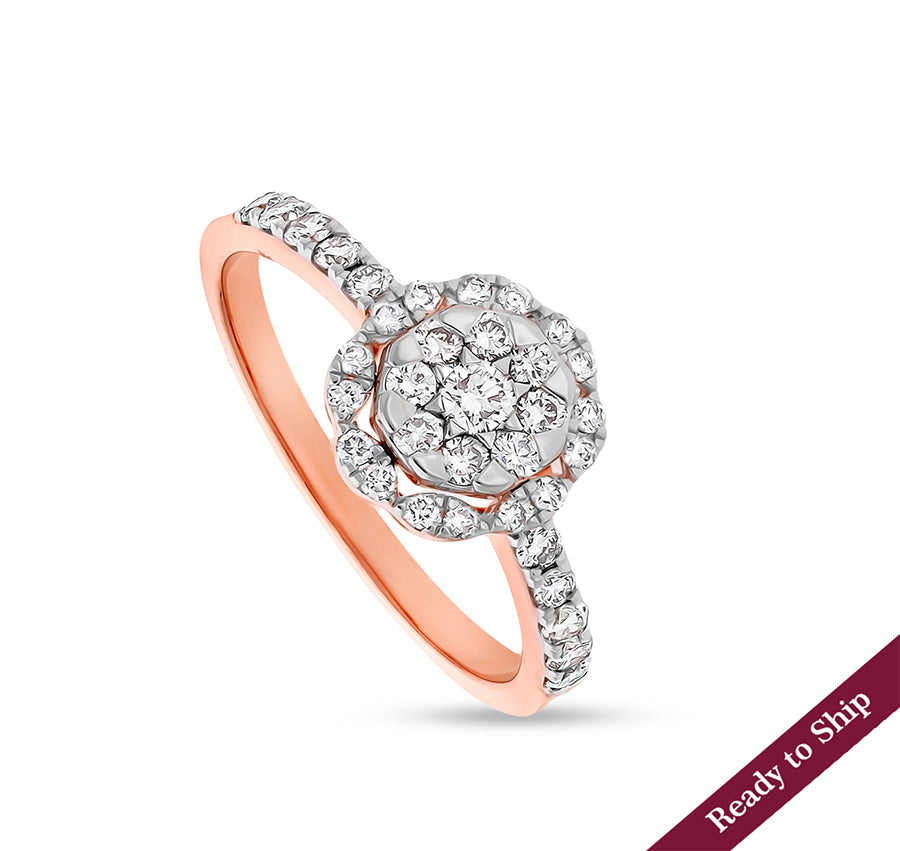 Floral Shape Round Natural Diamond With Prong Set Rose Gold Casual Ring