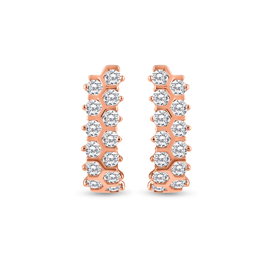 Round Natural Diamond With Bar Set Rose Gold Hoop Earrings