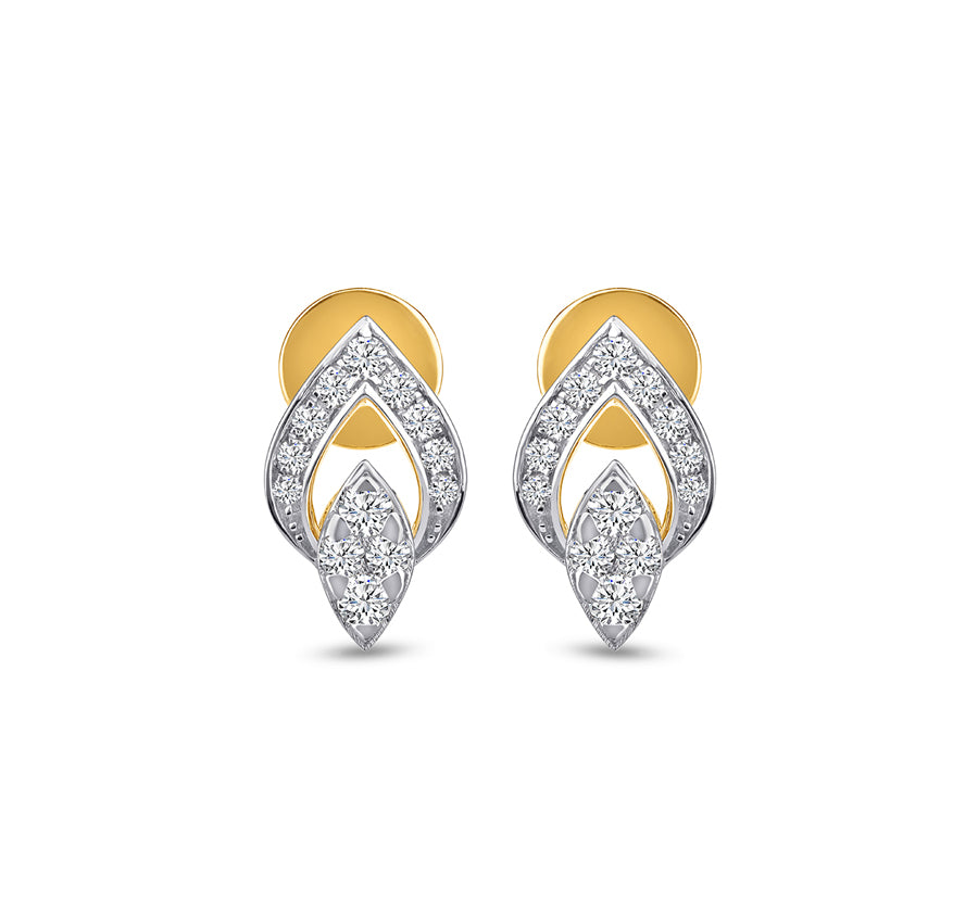 Leaf Shape Round Natural Diamond With Prong Set Yellow Gold Stud Earrrings