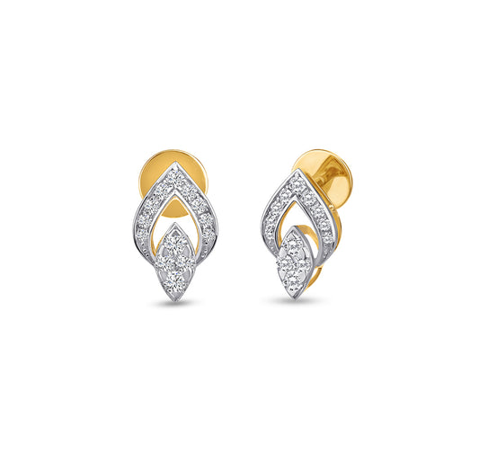 Leaf Shape Round Natural Diamond With Prong Set Yellow Gold Stud Earrrings