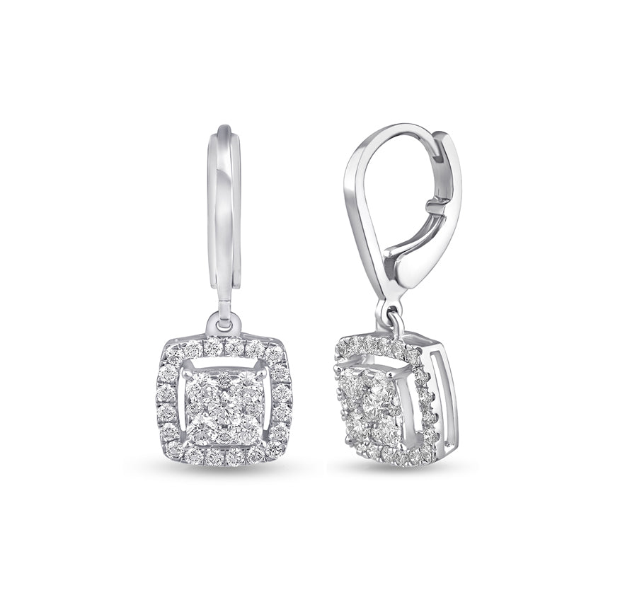 Round Natural Diamond With Prong Set White Gold Dangle Earrings