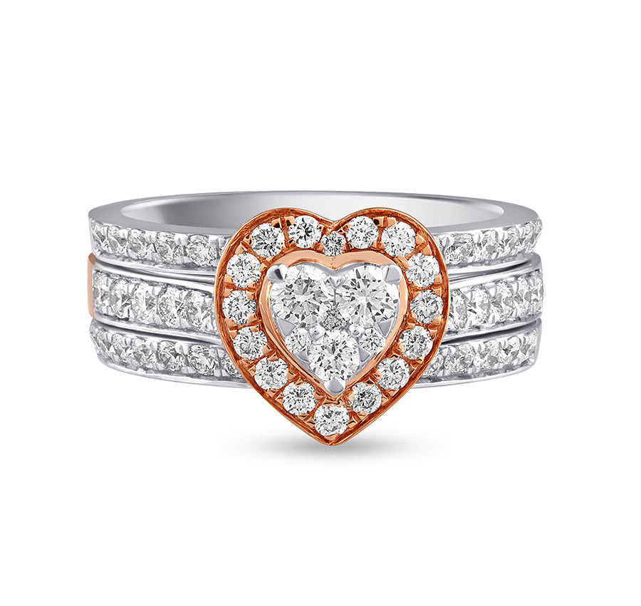 Halo Heart Shape Filed With Round Natural Diamond Dual Tone Engagement Ring