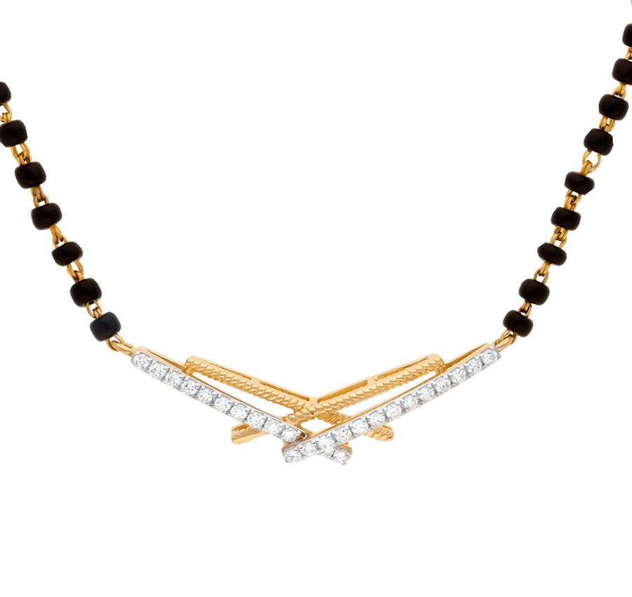 Criss-Cross Shape Round Natural Diamond Yellow Gold Tanmaniya Mangalsutra