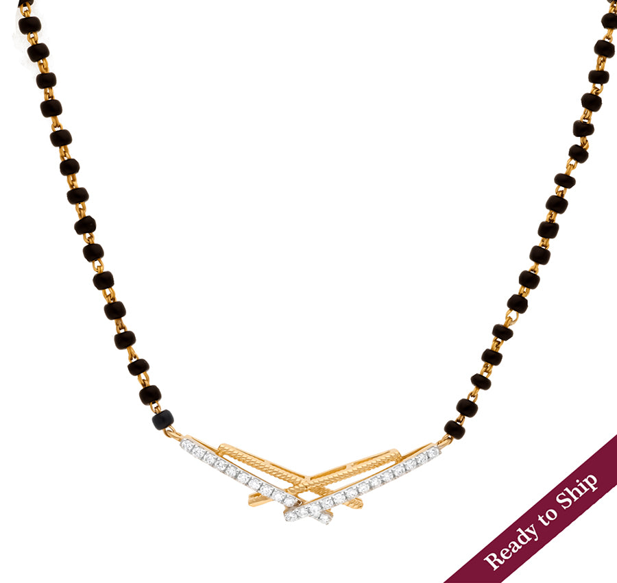 Criss-Cross Shape Round Natural Diamond Yellow Gold Tanmaniya Mangalsutra